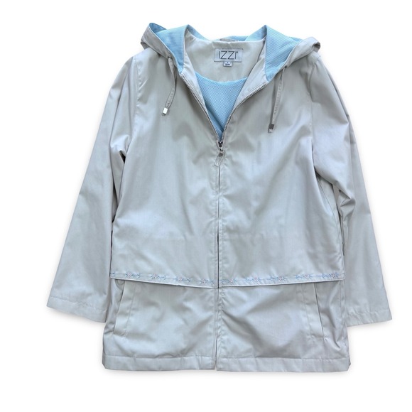 IZZI Women Stone Beige Hooded Windbreaker Jacket Floral Embroidery Small - Picture 2 of 11